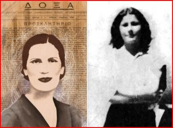 Σύνθεση δύο πορτρέτων της Ιουλίας Μπίμπα, με παλιό έντυπο στο φόντο του αριστερού πορτρέτου.