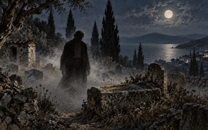 Θεματική απεικόνιση βρυκόλακα σε παλιό νεκροταφείο αιγαιοπελαγίτικου νησιού