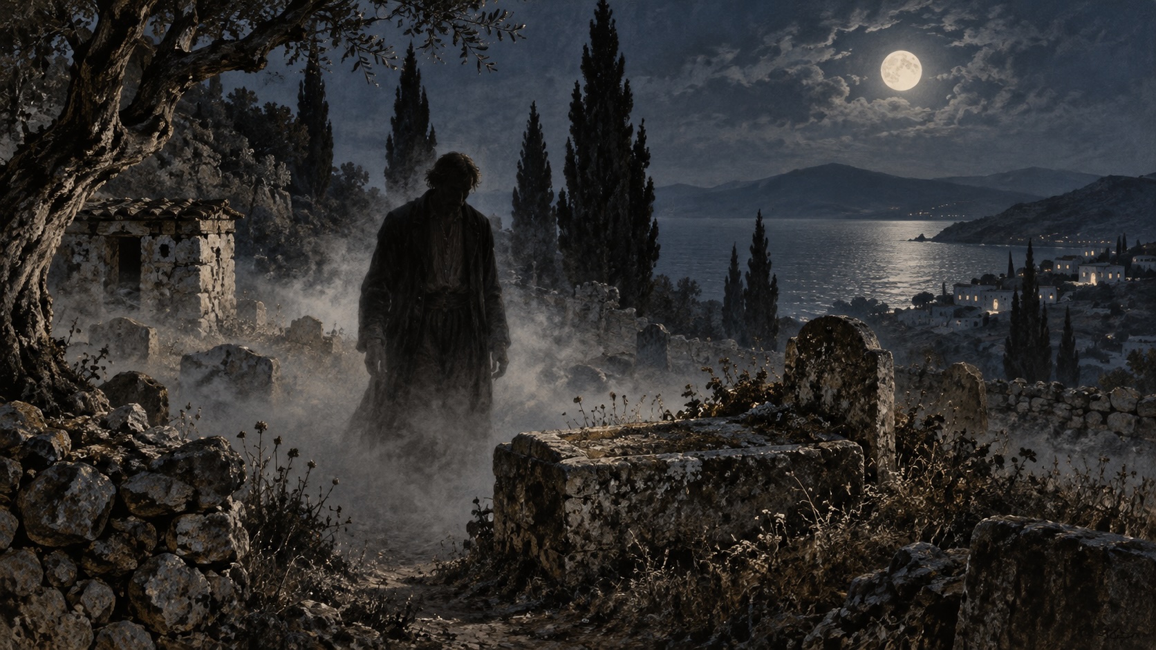 Θεματική απεικόνιση βρυκόλακα σε παλιό νεκροταφείο αιγαιοπελαγίτικου νησιού
