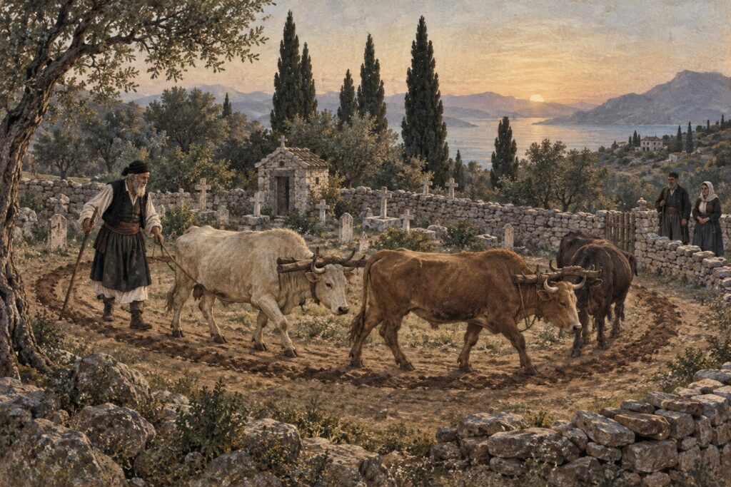 Θεματική απεικόνιση γητευτή που οδηγεί τρία βόδια γύρω από παλιό νεκροταφείο