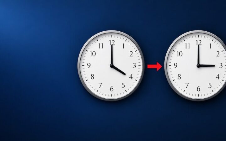 Δύο ρολόγια δείχνουν 04:00 και 03:00, με κόκκινο βέλος ανάμεσά τους για την επιστροφή στη χειμερινή ώρα.