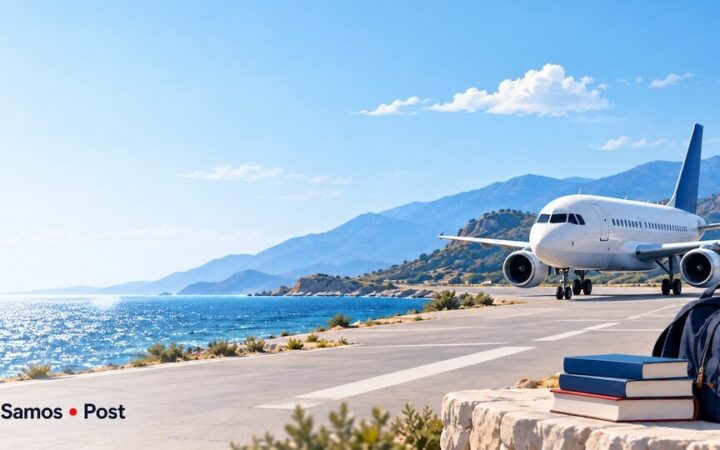 Γραφικό με αεροπλάνο, βιβλία και σακίδιο για την παρέμβαση του Πανεπιστημίου Αιγαίου σχετικά με το αεροδρόμιο Χίου.
