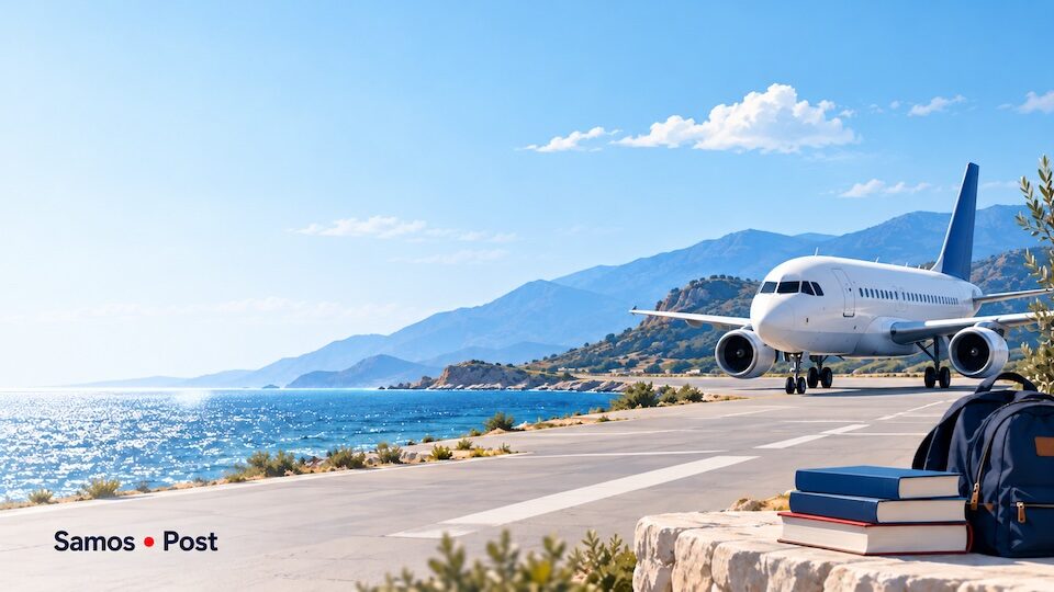 Γραφικό με αεροπλάνο, βιβλία και σακίδιο για την παρέμβαση του Πανεπιστημίου Αιγαίου σχετικά με το αεροδρόμιο Χίου.