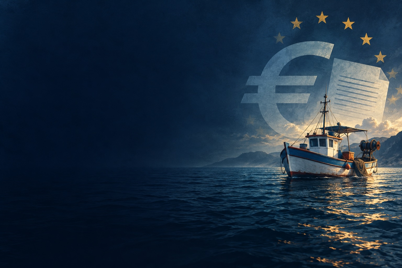 Συμβολικό γραφικό με αλιευτικό σκάφος, σύμβολο ευρώ, έγγραφο και ευρωπαϊκά αστέρια.