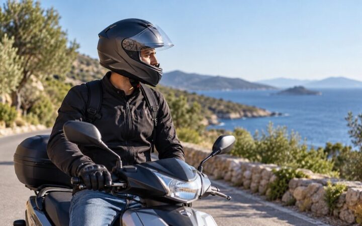 Ενδεικτική εικόνα μοτοσικλετιστή που φορά προστατευτικό κράνος σε παραθαλάσσιο δρόμο