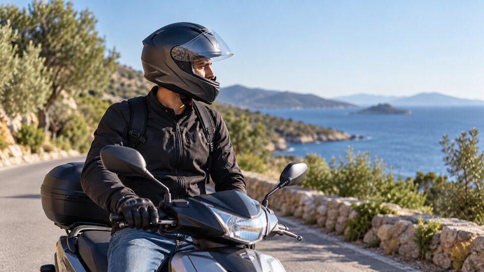 Ενδεικτική εικόνα μοτοσικλετιστή που φορά προστατευτικό κράνος σε παραθαλάσσιο δρόμο