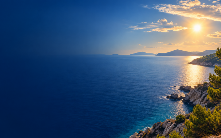 Συμβολική απεικόνιση ηλιοφάνειας με λίγα σύννεφα πάνω από ήρεμη θάλασσα και βραχώδη ακτή.