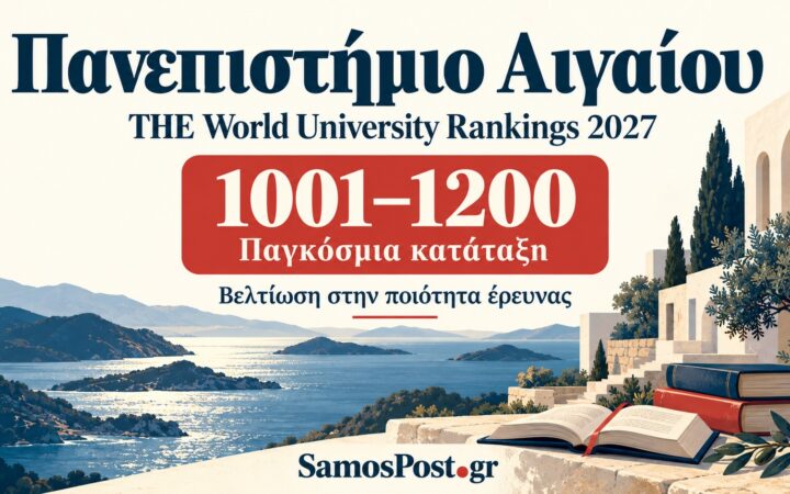 Γραφικό για το Πανεπιστήμιο Αιγαίου στην κατηγορία 1001–1200 της κατάταξης THE 2027, με εικονογράφηση νησιωτικού τοπίου και βιβλίων.