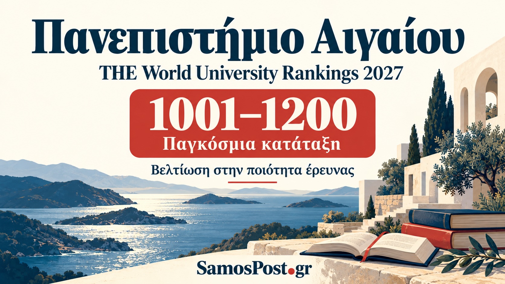 Γραφικό για το Πανεπιστήμιο Αιγαίου στην κατηγορία 1001–1200 της κατάταξης THE 2027, με εικονογράφηση νησιωτικού τοπίου και βιβλίων.