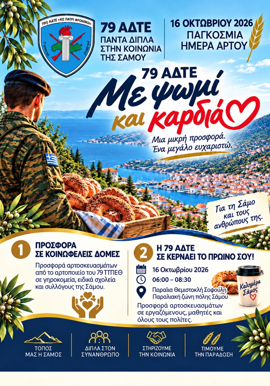 Αφίσα της δράσης «Με Ψωμί και Καρδιά» της 79 ΑΔΤΕ, με στρατιώτη, καλάθι αρτοσκευασμάτων και τη Σάμο στο φόντο.