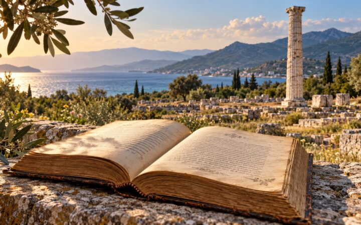 Ανοιχτό παλιό βιβλίο με φόντο αρχαία στήλη και μεσογειακό τοπίο, σε εικονογράφηση για τη Σάμο στη λογοτεχνία.