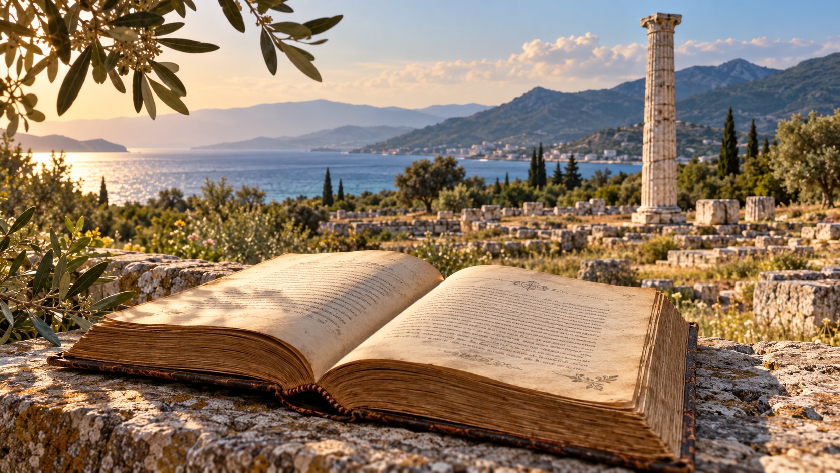 Ανοιχτό παλιό βιβλίο με φόντο αρχαία στήλη και μεσογειακό τοπίο, σε εικονογράφηση για τη Σάμο στη λογοτεχνία.